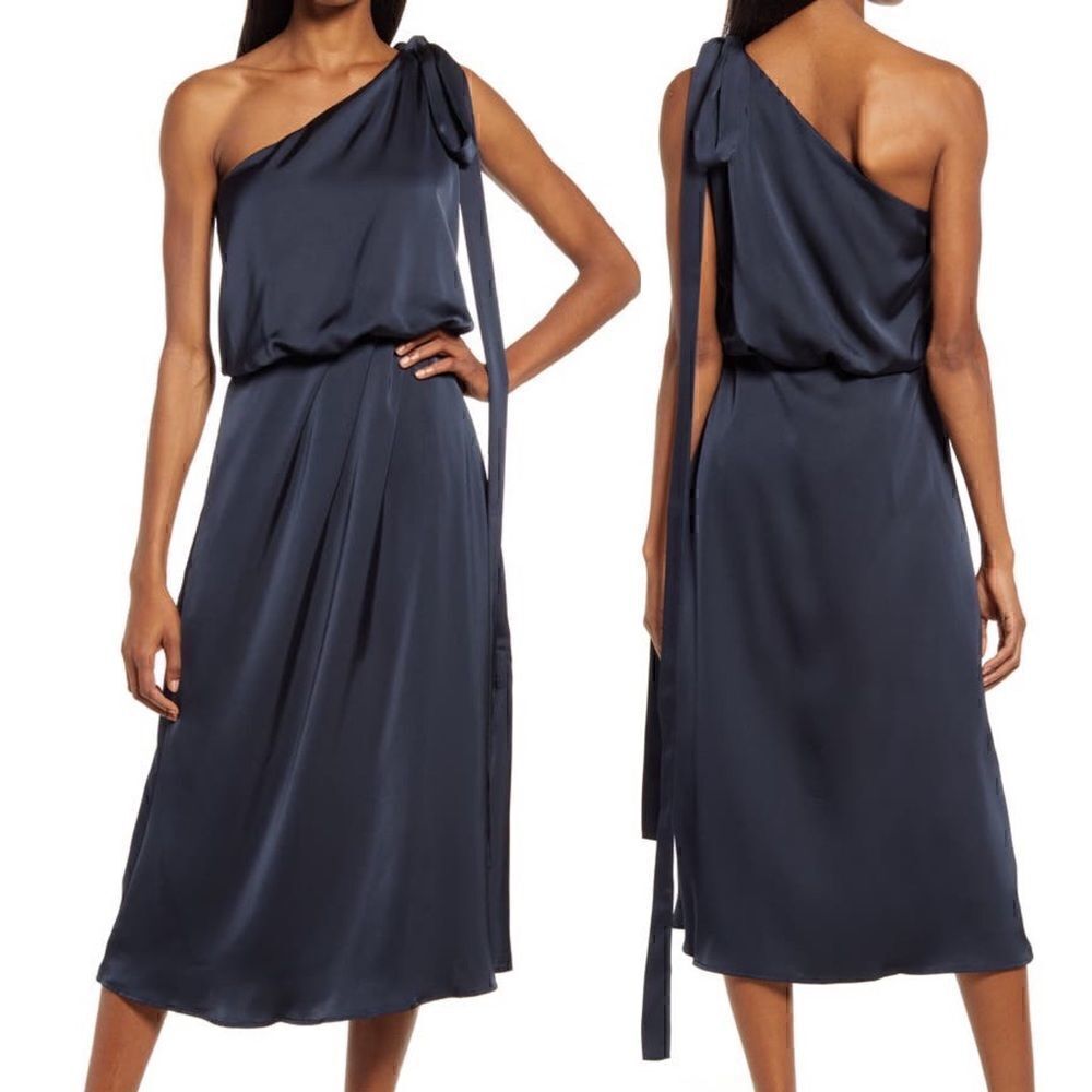 AMY LYNN One-Shoulder navy blue  Satin Dress NWOT size small